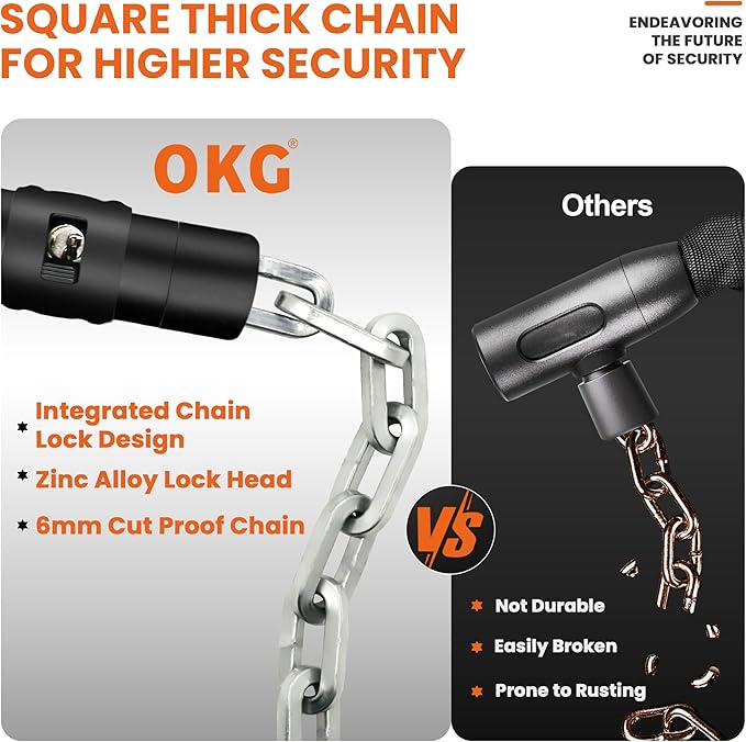OKG Bike Chain Lock - 4 Foot, 1/4 inch Thick Square Cut Proof Chain, Hardened Alloy Steel Anti Theft Chain Lock for Bike, ATV, Scooter, Trailer, Moped, Grill, Gate Fence