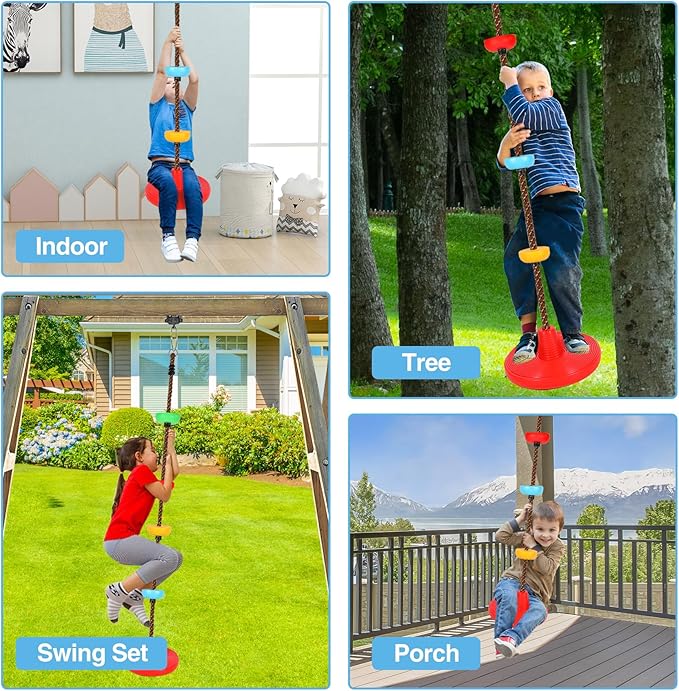 REDCAMP Climbing Rope Swings for Trees, Heavy Duty Plastic Disc Swing Seat for Kids with Hanging Strap and Snap Hooks, Red