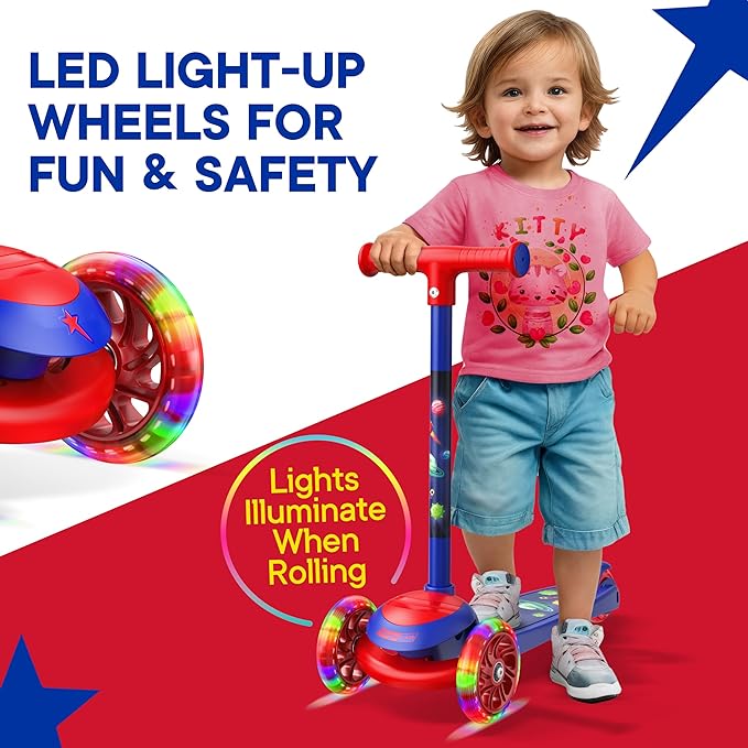 3 Wheel Scooter for Kids, Smooth Light Up LED Front Wheels, Wide Anti Slip Deck, Rear Foot Brake, Easy Lean to Steer Maneuvering, Indoor & Outdoor Ride On Toys for Ages 2 Up
