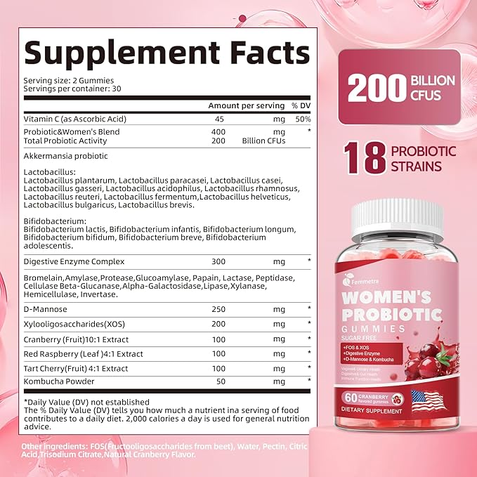 Probiotics for Women Gummies, Vaginal Prebiotics & Probiotics Gummies for PH Balance & Urinary Health, with Kombucha, Akkermansia for Digestive Health, 200 Billion CFUs, Cranberry Flavor, 60 Count