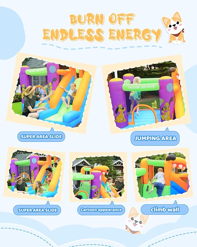 Doctor Dolphin Bounce House Slide with Blower Bounce House for Kids 5-12 Bounce House for Kids, Jumping Bouncy Castle with Puppy Slide Outdoor, Inflatable Bouncer with Blower