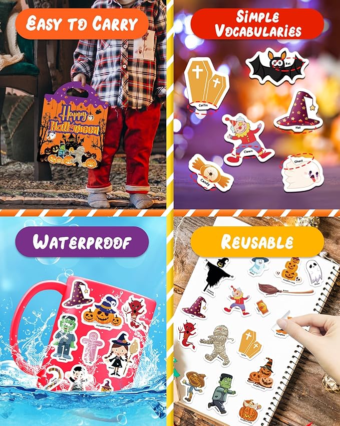 Benresive Reusable Sticker Book for Toddlers 2-4 Years, Fun Travel Stickers for Kids, Waterproof Sticker Books for Toddlers 1-3, Crafts Activities for Toddler 1-3 2-4 3-5 - Halloween