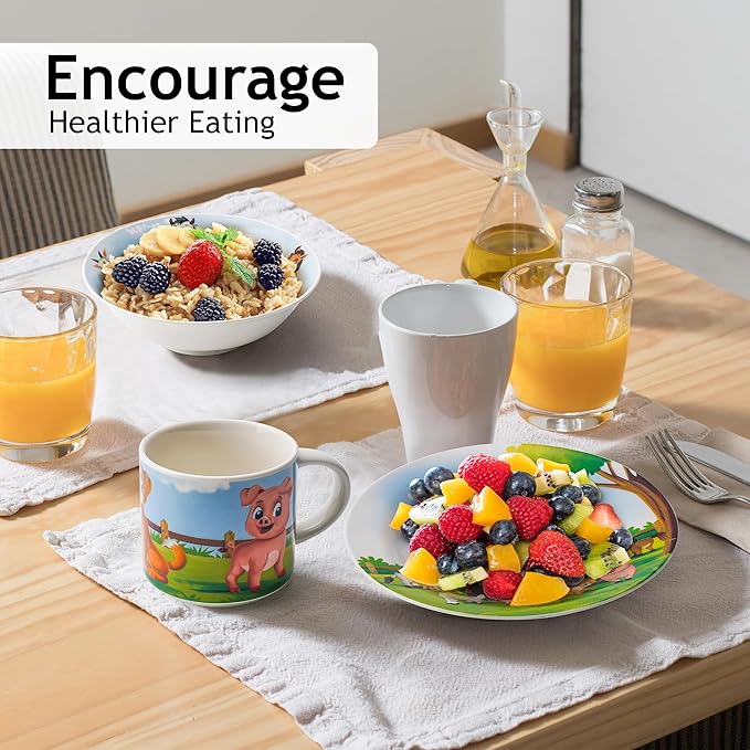 MIAMIO – Set of 3 Kids Dinnerware Set/Porcelain Children Dishes, Kids Dish Set, Children’s Tableware Set - Includes Plate, Bowl and Cup – For Kids and Toddler (Farm)