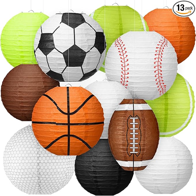 Bencailor 13 Pcs Sports Paper Lanterns Sport Themed Paper Soccer Baseball Football Basketball Lanterns for Indoor Outdoor Sport Themed Birthday Party Decoration (Complex)