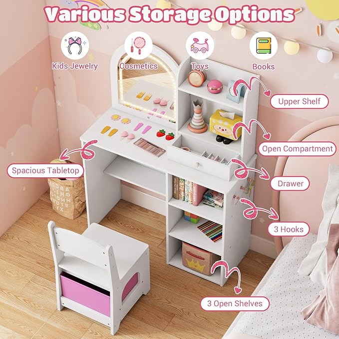 Costzon Kids Vanity with Lights, Girls Vanity Set with Mirror, Storage Drawer, Hooks & Shelves, Toddler Makeup Vanity Desk Dressing Table, Wooden Kids Vanity Table and Chair Set (White)