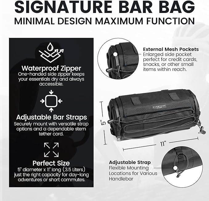Signature XL Bar Bag – Midnight Black | Hard-Shell Bike Handlebar Bag with Waterproof Zippers & Adjustable Straps | Lightweight Bicycle Handlebar Bag, Compatible with Road, Gravel & MTB Bikes