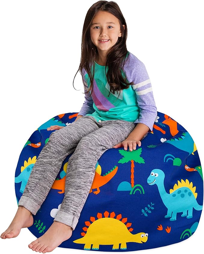 Posh Stuffable Kids Stuffed Animal Storage Bean Bag Chair Cover - Childrens Toy Organizer, Large-38 - Canvas Dinos on Blue