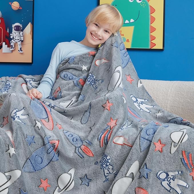 Glow in The Dark Blanket,Space Gifts Toys for Boys Girls, Astronaut Birthday Presents Decor for Kids Age 3-14 Year Old Son Teen Child Toddler Luminous Christmas Bedroom Throw Blanket 50"x60"