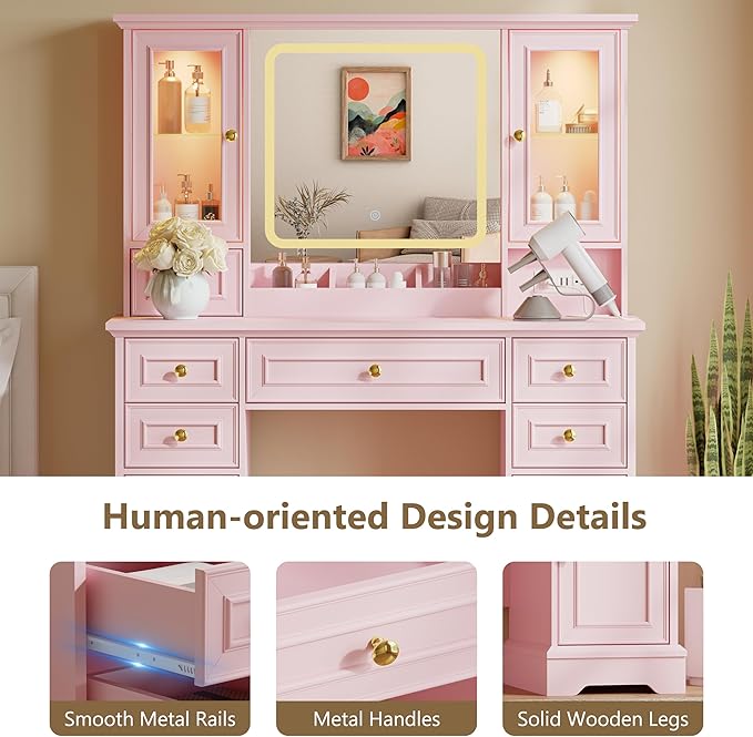 43'' Makeup Vanity with Mirror and Lights, Farmhouse Vanity Desk with Drawers & Charging Station, 3 Lighting Modes & Adjustable Brightness, Glass Cabinet, Dressing Table for Bedroom, Pink
