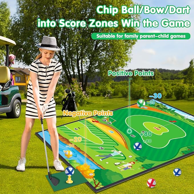 4 in 1 Golf Bow and Arrow Game Mat Set for Kids, Bow and Arrow for Kids with Target, Indoor Golf Games Chipping, Golf Club, 20 Sticky Balls, Toy Bow, 6 Felt Arrows,Outdoor Toys