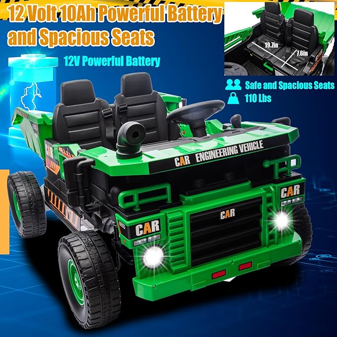 12V 10AH 2-Seater XL Kids Ride on Truck Electric Toy Car with Electric Dump Bed and Extra Shovel, Parents Remote Control, Up to 4Mph, 19.4" Spacious 2 Seats for Boys and Girls Ages 3+, Geen