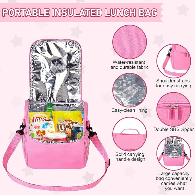 Bento Lunch Box for Kids with 17oz Soup Thermo,Insulated Tumbler Water Bottle and Insulated Lunch Bag,Leak-Proof 3 Compartment Lunch Food Container with Ice Pack for Kids to School-Pink