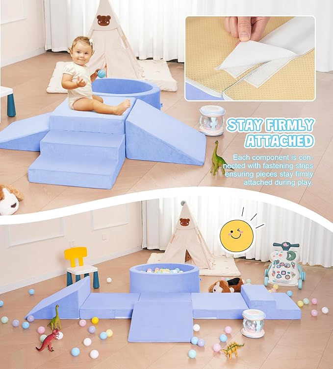 Foam Climbing Blocks with Ball Pit & Stairs for Toddlers Aged 1-3 -Soft Playset for Indoor Crawling, Foam Playground Set for Baby to Active Playing Inside -(Balls NOT Included),Light Blue