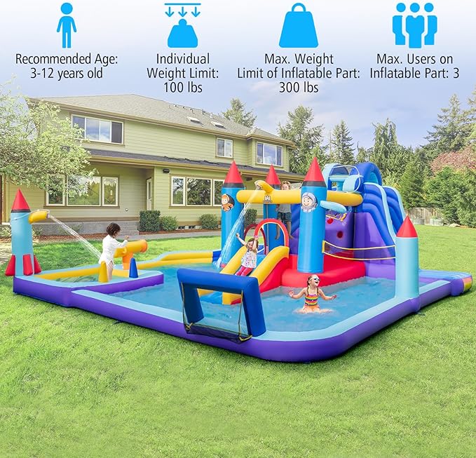 BOUNTECH Inflatable Water Slide, 10-in-1 Water Park Jump Castle for Big Kids 5-12, Water Slides Inflatables w/Huge Splash Pool, Football Gate, Water Bounce House for Kids Outdoor Backyard Party Gifts