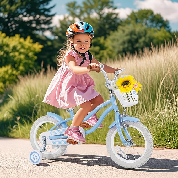 BABY JOY Kids Bike, 12 14 16 18 20 Inch Boys Girls Bike w/Adjustable Seat, Removable Basket, Handbrake & Coaster Brake, Training Wheels or Kickstand, Kids Bicycle with Multi-Color