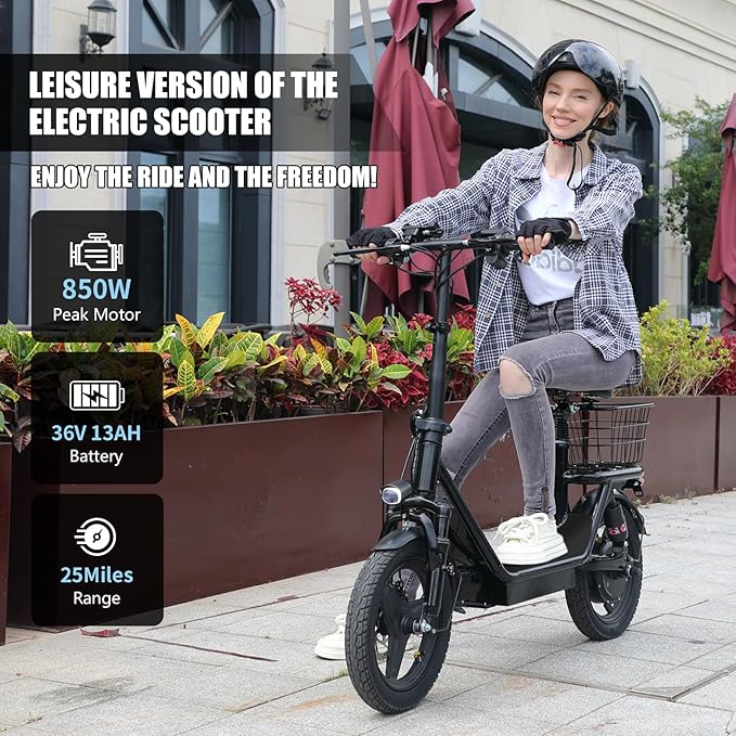 Electric Scooter Adults, 850W Peak Motor, 25 Miles Range, EScooter 25MPH Top Speed, 14" Foldable Electric Scooter with Seat and Basket for Cargo, Dual Suspension for Commuting