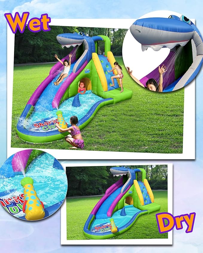 ACTION AIR Inflatable Waterslide-NO Blower Shark Bounce House for Kids, Wet and Dry Water Slide, 580W/0.8hp Air Blower Needed to Operate, Water Gun & Splash Pool Without Blower