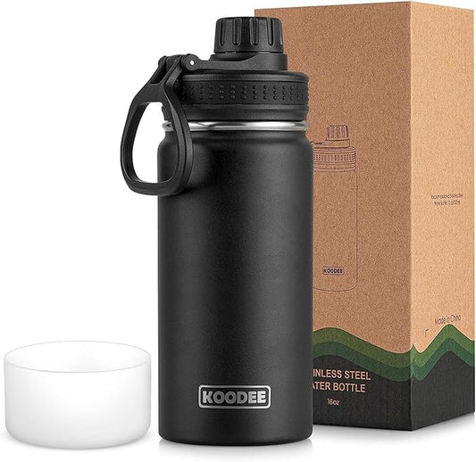 koodee 16 oz Water Bottle Stainless Steel Double Wall Vacuum Insulated Water Bottle for School Wide Mouth Sports Bottle with Leakproof Spout Lid (Black)