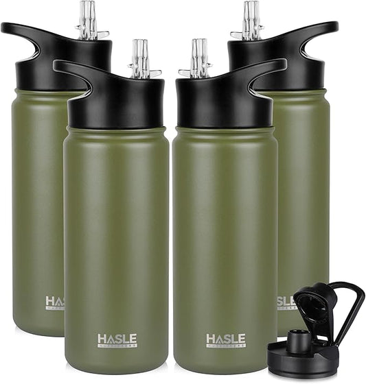 HASLE OUTFITTERS Insulated Water Bottle Kids 16 oz Double Wall Vacuum Stainless Steel Water Bottle Leak Proof for School Wide Mouth with Straw Lid & Spout Lid Keeps Cold and Hot(Army Green,4pack)