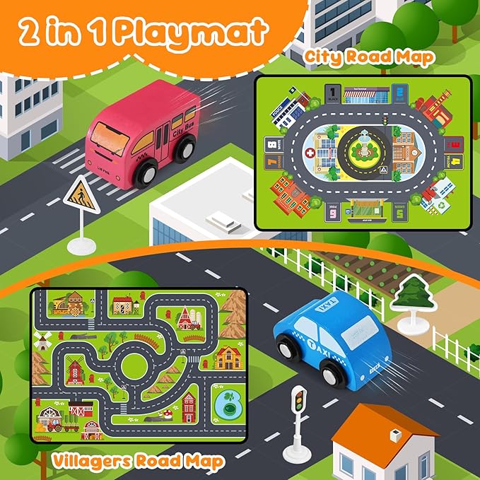 Toddler Car Toys, Wooden Cars Toys for Boy, 22 PCS Cars and Trucks Toy Vehicles Set with Traffic Signs, Playmat, Storage Box, Wood Montessori Toys for Toddlers Baby Birthday Educational