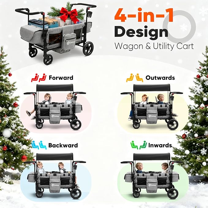 Sekey Wagon Stroller for 2 Kids, Luxury 4-in-1 Stroller Wagon - Premium Quality with Convertible Seats, Adjustable Push Handles, Removable Canopy, Snack Tray & Cooler, US Certified. Gray