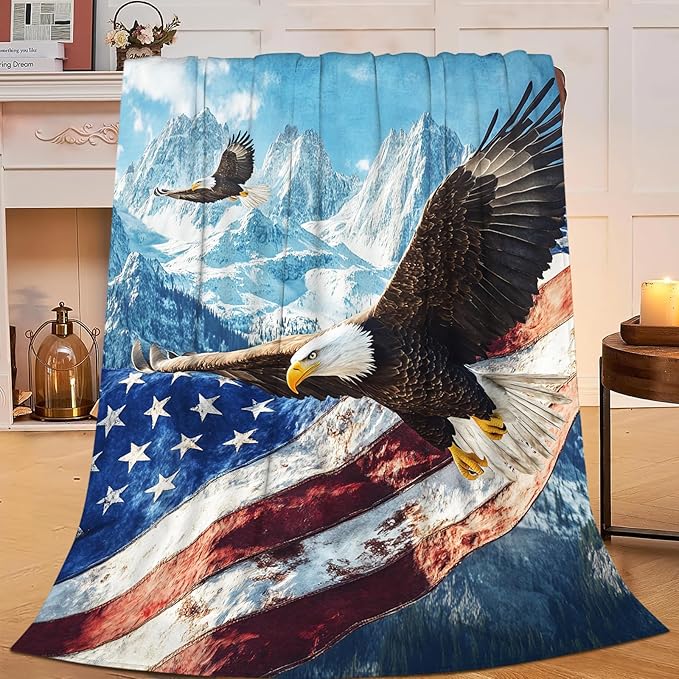 Eagle American Flag Blanket, Bald Eagle Throw Blanket, Soft Cozy Stuff Fleece Blankets Gifts for Mens Boys Couch Sofa Bed 50" x 40"