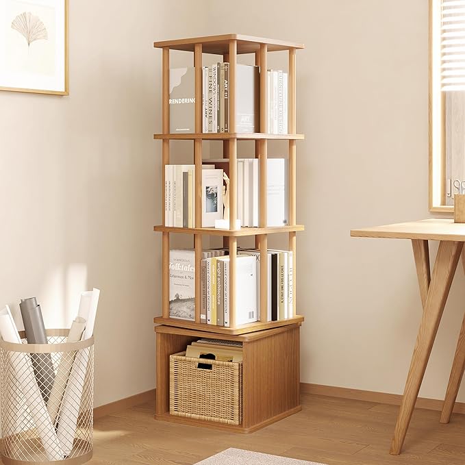 IOTXY 4-Tier Rotating Bookshelf Tower - Beech Wood Frame Spinning Bookcase with Storage Base, Tall Freestanding Revolving Shelf Organizer, Oak