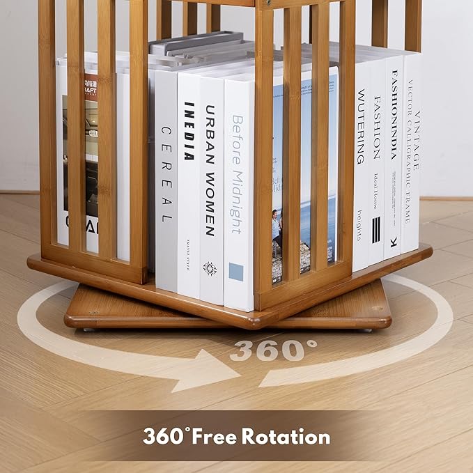 YOWOS Rotating Bookshelf Tower, 360 Display Spinning Bookcase, Bamboo Bookshelf Floor Standing Storage Rack, Wood Narrow Book Shelf Organizer for Kids&Adults, Walnut 6 Tier