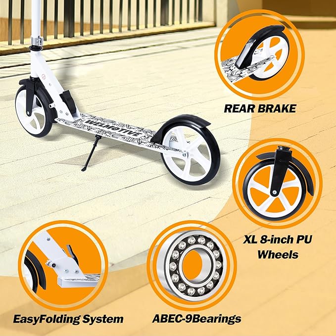 Kick Scooter for Kids Ages 6+, Teens & Adults, Adjustable Handlebars, Rear Brake, Big Wheel Foldable Scooter for Indoor & Outdoor