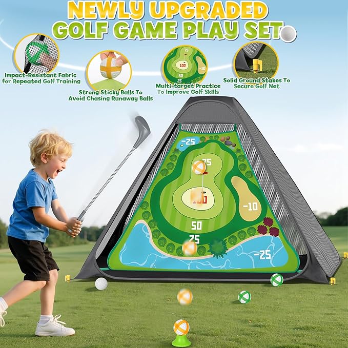 Lehoo Castle Kids Golf Set with Golf Net, 2 in 1 Toddler Golf Set with Putting Mat & Sticky Balls, Toddler Golf Clubs for Chipping Training, Outdoor Indoor Golf Toys Gift for Boys Girls 3 4 5 6 7