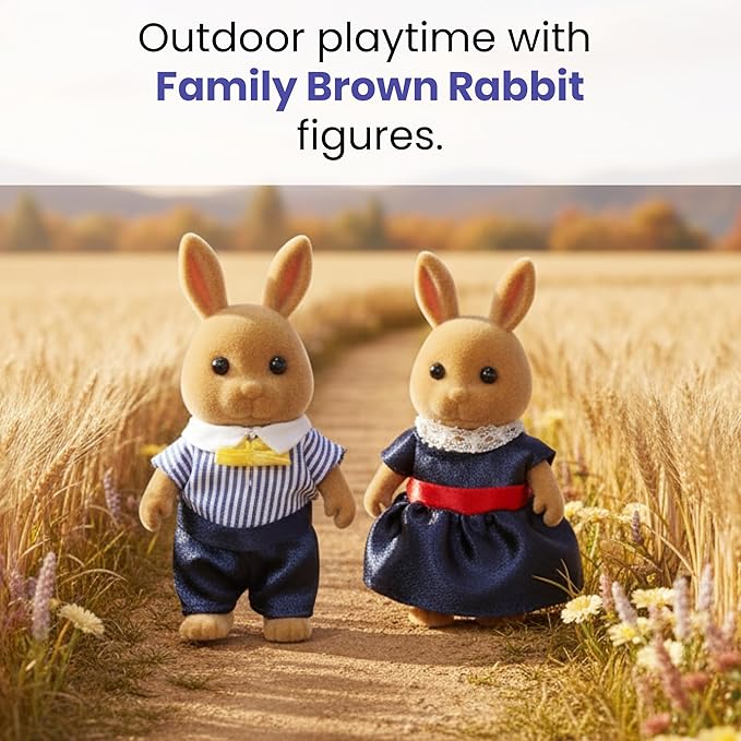 Family Brown Rabbit Figures — Set of 2 Collectible Flocked Mini Dolls with Removable Clothes, Miniature Dollhouse Pretend Play Figures for Kids Ages 3+
