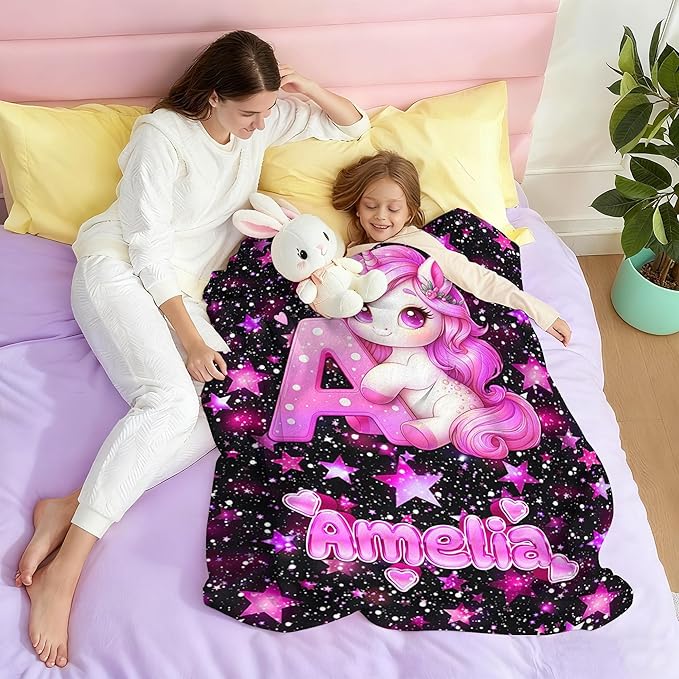 Custom Girl Blanket with Name Personalized Unicorn Blanket Gift for Newborn, Toddler, Teens to Adult for Birthday, Baby Shower, Christmas (Girl-01)