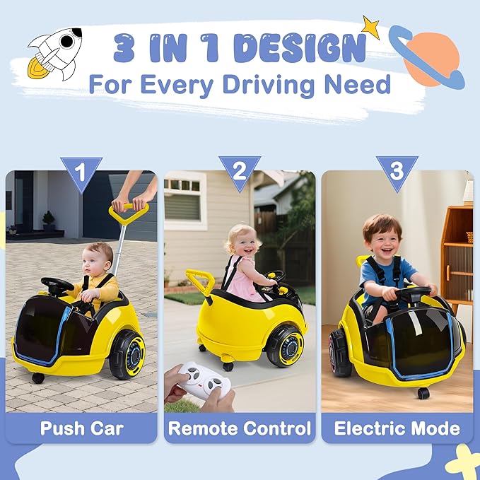 ANPABO 3-in-1 Electric Push Ride On Car, 12V Kids Ride On Toy w/Remote Control, 360° Spin, 5-Point Safety Belt, Colorful LED Light, Music Player, Push Car for Toddler Ages 1-3 (Yellow)
