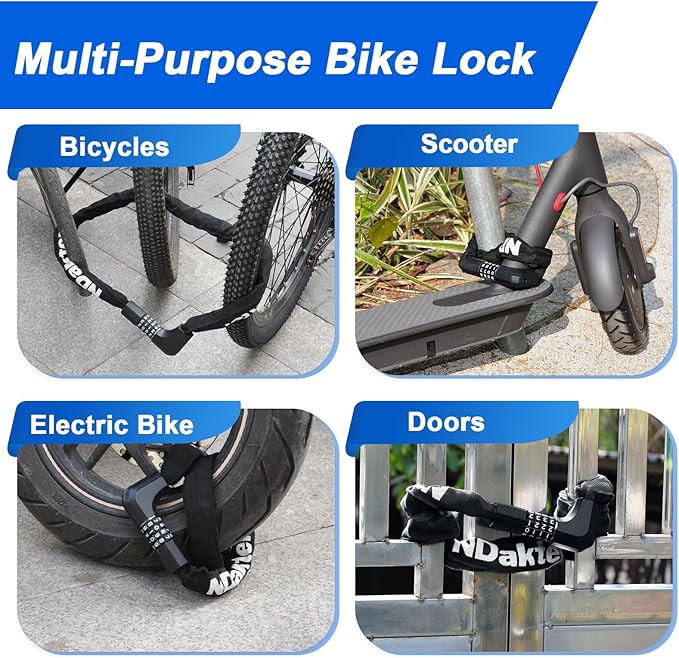 NDakter Upgrade Bike Chain Lock with 4 Digit Combination and 2 Keys, 3.2/4.28 Ft Heavy Duty Anti-Theft Bicycle Lock, 2 Ways to Unlock High Security Scooter Locks for Ebike, Escooter, Door