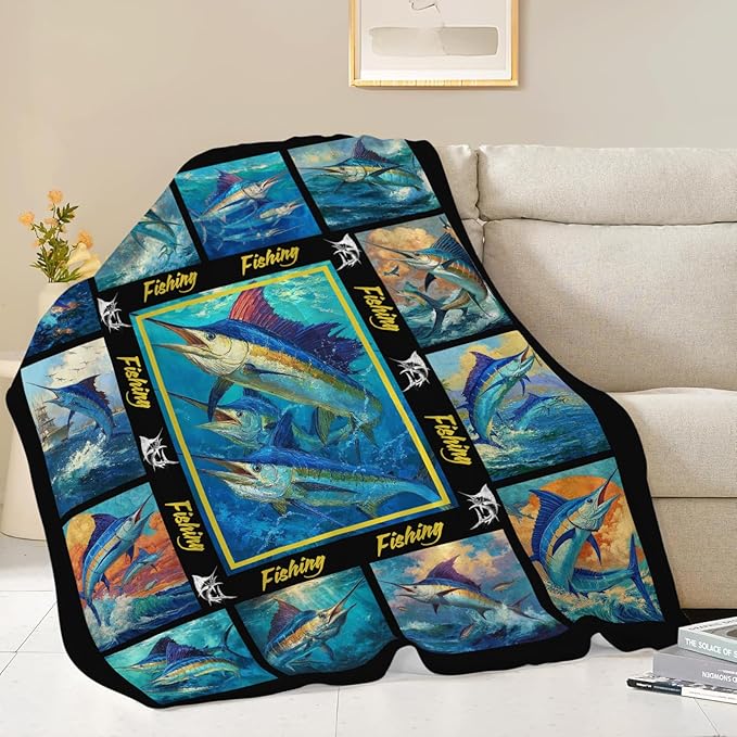 Fish Throw Blanket Fishing Marlin Stuff Gifts for Kids Girls Boys Adults Women Men Soft Cozy Warm Plush Fluffy Fuzzy Fleece Blanket Decor 50''X60''