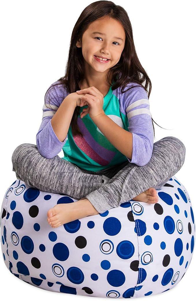Posh Stuffable Kids Stuffed Animal Storage Bean Bag Chair Cover - Childrens Toy Organizer, Medium 27" - Canvas Bubbles Blue and White