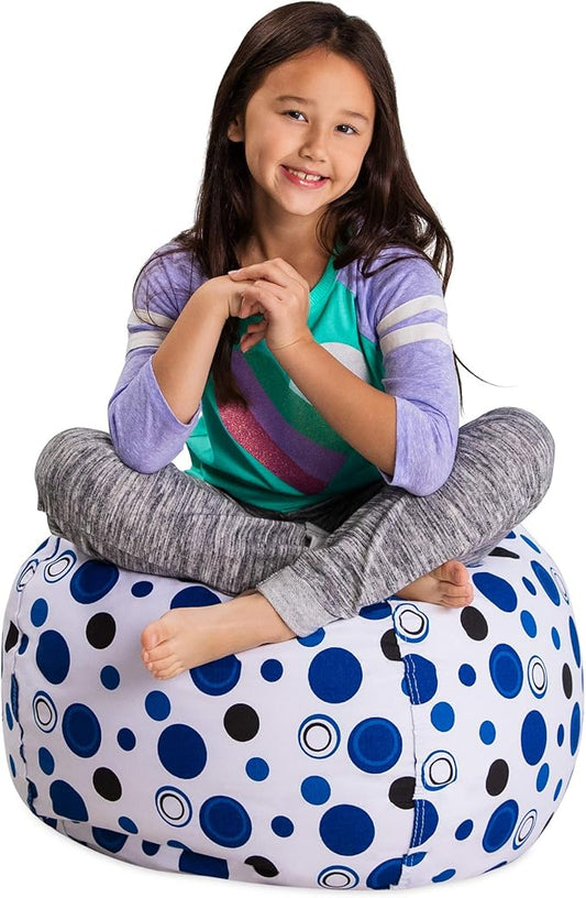 Posh Stuffable Kids Stuffed Animal Storage Bean Bag Chair Cover - Childrens Toy Organizer, Medium 27" - Canvas Bubbles Blue and White