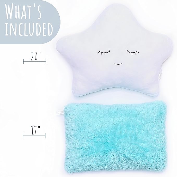 Perfectto Design Set of 2 Kid’s Decorative Pillows for Girls Toddler Room - Fluffy White Star Pillow and Aqua Teal Plush Pillow, Soft Girls Pillows Cute Kid’s Throw Pillows for Bed, Bedroom
