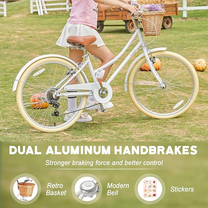 Glerc 20 24 26 Inch Beach Cruiser Bike, 6-Speed Hybrid City Bicycle for Girls Youth and Over 6 Years Old, Missy Bike with Wicker Basket & Lightweight, Multiple Colors
