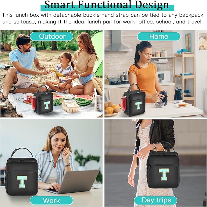 Initial Insulated Lunch Bag, Lunch Box with Initial Letter Patch for Teen Adult, Reusable Lunch Bag for Men Women, Ideal Back to School Gift Birthday Gift, Blue T