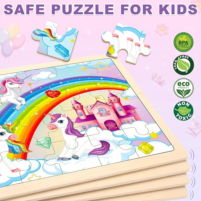 Puzzles for Kids Ages 4-6, 4 Packs Wooden Jigsaw Puzzles for Toddlers 2-4, Princess Unicorn Mermaid Fairy Preschool Educational Puzzles Boards Toys Gifts for Girls Boys 3 4 5 6