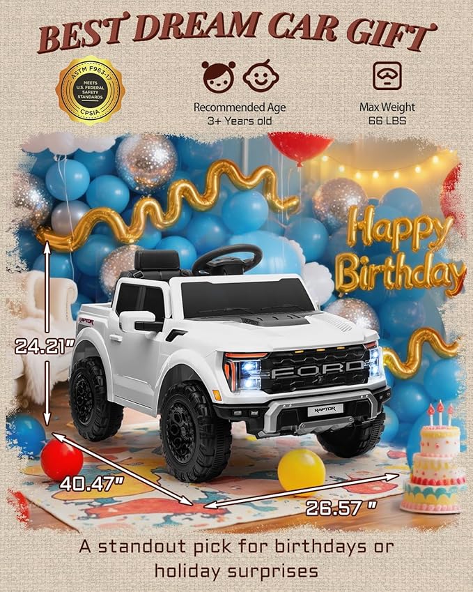 First Ride On Licensed Ford F-150 Raptor 12V Kids Ride on Truck, Ride on Toys for Toddlers with Remote Control, Electric Car for Kids with Truck Bed Storage, Smooth Start, Music, Bluetooth (White)