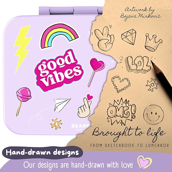 BEARFOOT Kids Lunch Box with Compartments – Compact & Lightweight | Leak-Proof, BPA-Free, Dishwasher & Microwave Safe | Hand-Drawn Design for Preschool, School, Travel (Sticker Purple, 4 Cups)