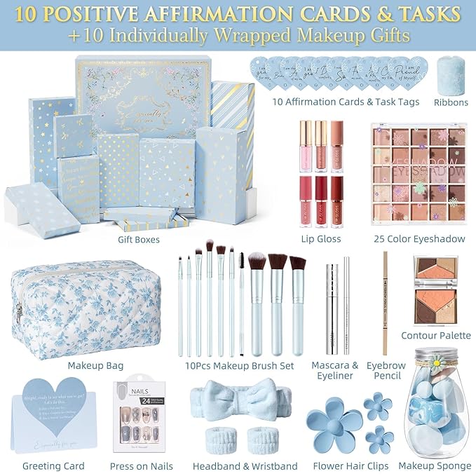 Teen Girl Gifts Trendy Stuff, 10 Positive Affirmation Cards & Empowering Challenges to Unlock 10 Wrapped Makeup Gift Set Motivational Birthday Christmas Gift Stocking Stuffers for Tween & Teenage Girl