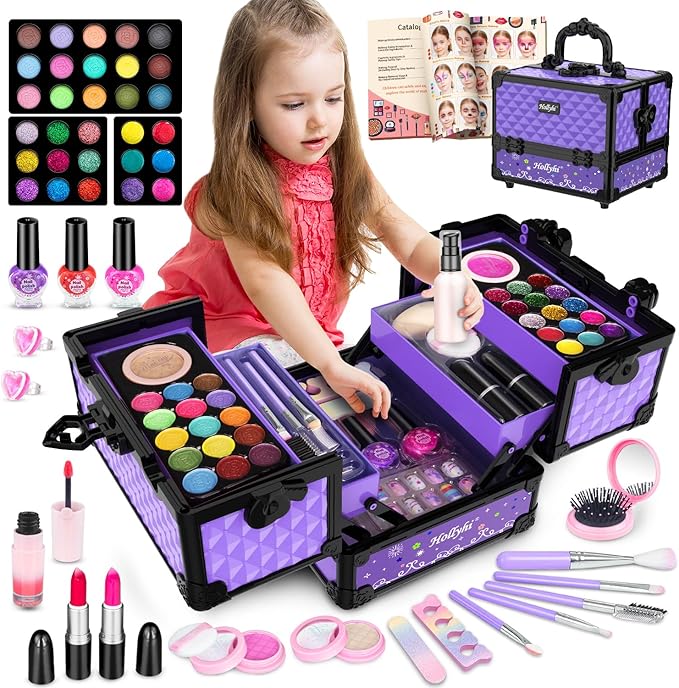 Hollyhi 59Pcs Kids Makeup Kit for Girl, Washable Play Makeup Toys Set for Dress Up, Beauty Vanity Set with Cosmetic Case Birthday Toys for Girls 3 4 5 6 7 8 9 10 11 12 Year Old Kids Toddlers (Purple)