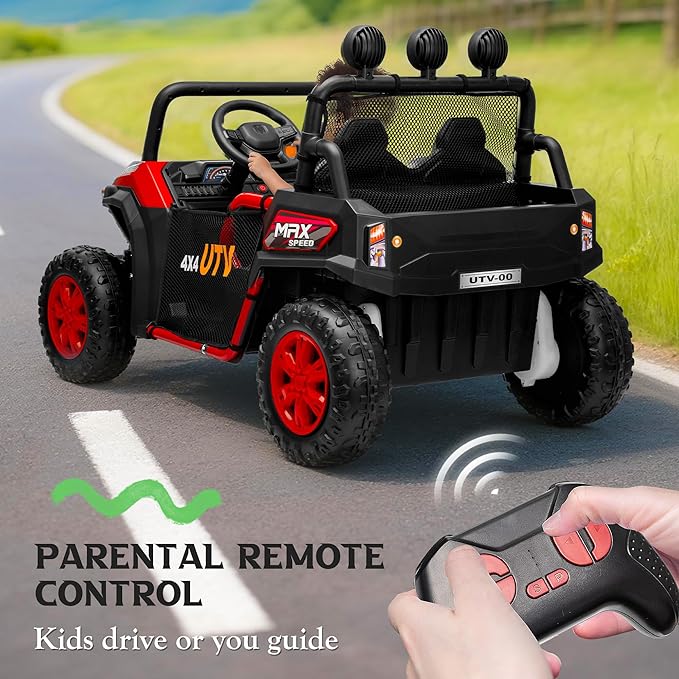 24V 2 Seater Ride on UTV Car, 4WD Ride on Toys for Kids with Remote Control, Shock Absorbers, LED Lights, Music, Off-Road Electric Car for Kids Boys Girls (Red)