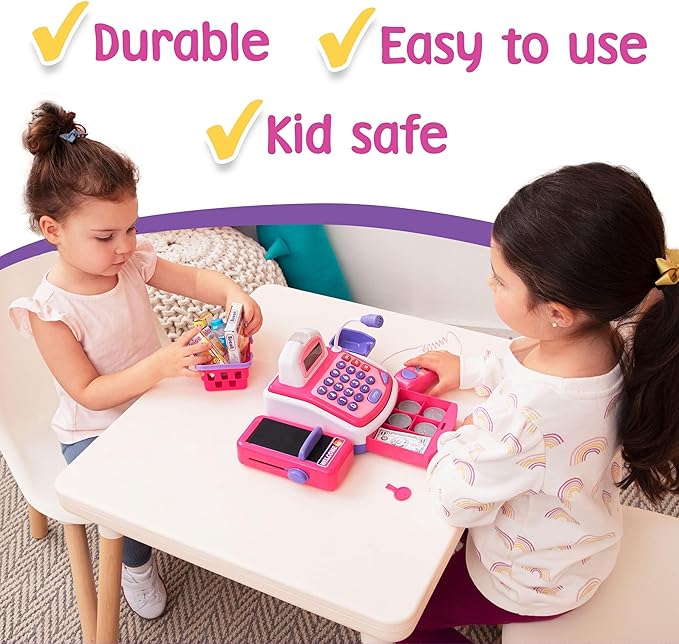 Prextex Grocery Store Pretend Play Electronic Toy Cash Register Set - STEM Cash Register for Kids with Microphone, Play Money, and Food Basket - Kids Checkout Toys with Scanner- Pink