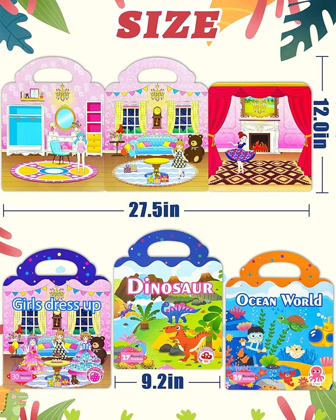 Benresive Reusable Sticker Book for Toddlers 2-4 Years, 3 Sets Travel Stickers for Kids, Waterproof Sticker Books for Toddlers 1-3, Crafts Activities for Todddlers 1-3 2-4 3-5