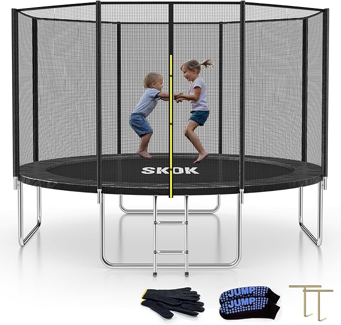 SKOK Trampoline 8FT 10FT 12FT 14FT 15FT Trampolines with Enclosure Net, 400LBS Outdoor Trampolines for Kids with Basketball Hoop-ASTM Approved Trampoline for Children and Adults with Ladder
