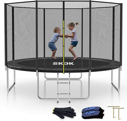 SKOK Trampoline 8FT 10FT 12FT 14FT 15FT Trampolines with Enclosure Net, 400LBS Outdoor Trampolines for Kids with Basketball Hoop-ASTM Approved Trampoline for Children and Adults with Ladder